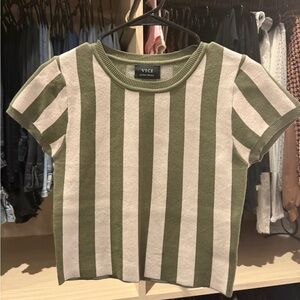 Vici Vertical Striped Green and Cream Knit Short Sleeve Shirt